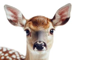 A young fawn looks curiously at the camera, showcasing its delicate features and distinctive spots in a natural setting. png