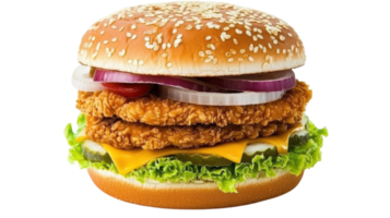 A delicious freshly made chicken burger with lettuce, cheese, pickles, and onions, served on a sesame seed bun for lunchtime enjoyment. png