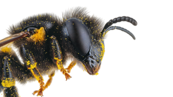 A close-up view of a bee covered in pollen, showcasing fine details of its anatomy and texture during a bright sunny day. png
