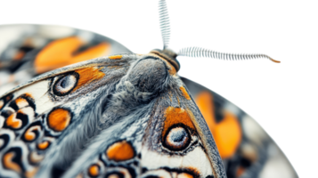 Close-up view of a colorful butterfly with intricate wing patterns resting on a leaf in a garden during daylight hours. png