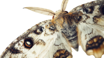 Close-up of a brown and white moth showcasing intricate wing patterns against a plain background. png