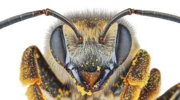 A close-up view of a bee's head covered in pollen showcasing intricate details of its eyes and antennae in natural light. png