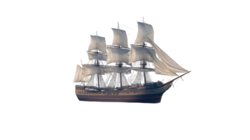 A historic sailing ship navigates through open waters under gentle winds during a clear day. png