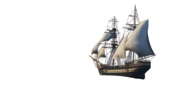 A majestic sailing ship with billowing white sails cruising across open waters in a clear sky during daylight hours. png