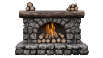 Cozy stone fireplace with burning firewood and logs, designed for warmth and comfort in a rustic setting. png