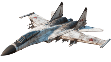 A weathered military fighter jet with faded markings sits in a display area, showcasing its aged surface and strong aerodynamic design. png
