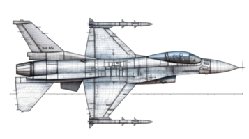 Technical drawing of a sleek jet fighter showcasing intricate design details on a transparent background. png