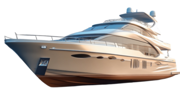 Luxury yacht anchored in calm waters during sunset, showcasing elegant design and spacious deck, perfect for relaxing getaways. png