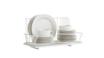 A neatly organized dish rack featuring an array of white plates and cups in a modern kitchen setting, showcasing an efficient drying area. png
