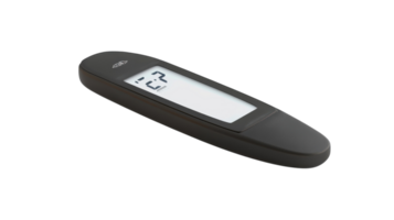 Modern digital remote control with an LCD screen designed for home entertainment use, showcasing streamlined black design and user-friendly interface. png