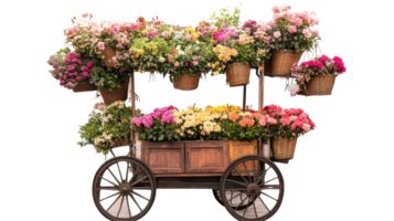 A vintage flower cart filled with colorful blooms displayed at a local market on a sunny day in spring. png