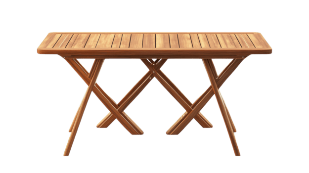 A wooden folding table with slatted top displayed against a transparent background, showcasing its clean design and versatile use. png