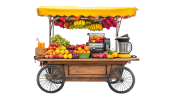 Colorful fruit cart offering fresh juices and assorted fruits in a vibrant market setting during the daytime. png
