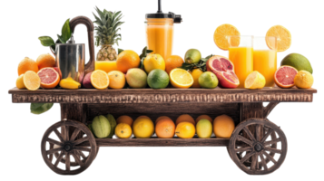 Colorful fruit cart with fresh juices displayed on a rustic wooden table in a bright setting. png