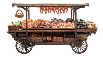 Fresh seafood cart with a variety of fish, shrimp, and shellfish displayed at a local market during the day. png