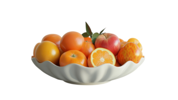 Fresh assorted fruits in a decorative bowl on a light background showcasing vibrant colors and textures. png