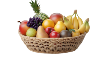 A colorful assortment of fresh fruits in a woven basket displayed on a white background during daylight hours. png