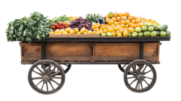 Fresh market cart filled with vibrant fruits and vegetables on display, ideal for a sunny outdoor market in a rustic setting. png