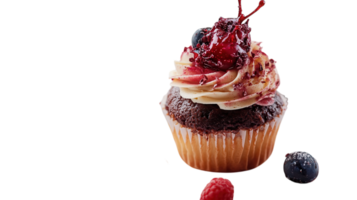 Delicious chocolate cupcake with creamy frosting and fresh berries on top prepared for a dessert display png