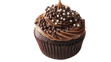 Delicious chocolate cupcake topped with creamy frosting and colorful sprinkles located in a bakery setting png