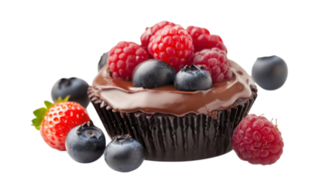 Delicious chocolate cupcake topped with fresh berries and a glossy chocolate glaze in a bright setting png