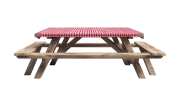 Rustic wooden picnic table with a red and white checkered tablecloth set for outdoor gatherings png