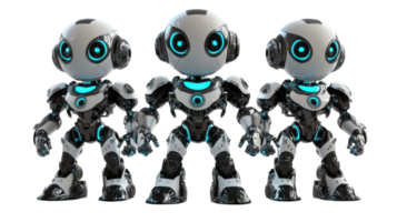 Three futuristic robots with glowing features standing side by side in a digital environment showcasing advanced technology png