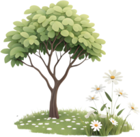 Detailed cartoon tree and wildflower icon for vibrant outdoor clipart. . png
