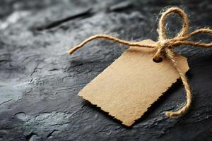Blank recycled cardboard tag with hemp twine bow on dark background photo