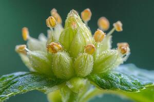 Macro close-up of mercurialis annua showing tiny dew drops photo