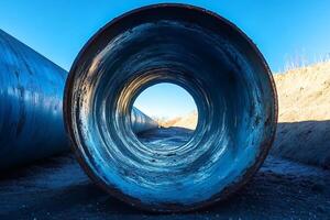 Large diameter steel pipe showing concentric circles under blue sky photo