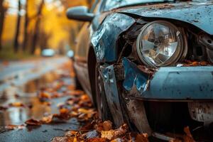 Broken headlight of abandoned car after crash in autumn photo