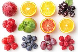 Fresh sliced and whole fruits creating colorful pattern on white background photo