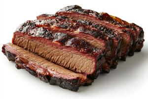 Sliced brisket showing pink smoke ring, bark, and rendered fat photo