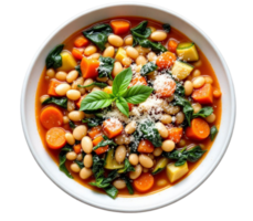 Bean soup with carrots, zucchini, spinach and grated cheese, garnished with basil, on a transparent background png