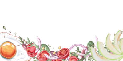 rektangulär ram med friterad ägg, avokado, tomater och greener. isolerat vattenfärg illustration i realistisk stil på de tema av mat för restaurang menyer, gastronomisk tidningar och festivaler. png