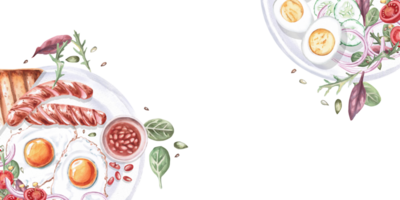 Rectangular frame with two plates with breakfast. Isolated watercolor illustration on the theme of English breakfast for restaurant menu design, gastronomic magazines and festivals. png