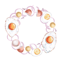 Round frame with fried and boiled eggs. Isolated watercolor illustration in realistic style on food theme for restaurant menu design, gastronomic magazines and festivals. png