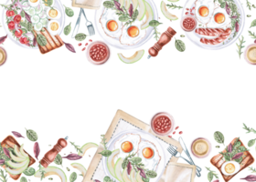 Rectangular frame with various breakfast plates. Isolated watercolor illustration on food theme for restaurant menu design, gastronomic magazines and festivals. png