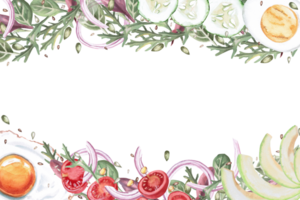 Rectangular frame with fried eggs, boiled eggs, avocado and greens. Isolated watercolor illustration in realistic style on the theme of food for restaurant menus, gastronomic magazines and festivals png