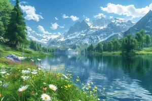 A beautiful landscape with flowers and trees photo