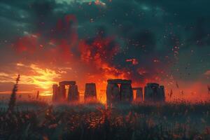 Stonehenge at sunset with fire and smoke photo