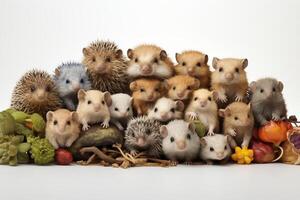 A group of small rodents are sitting together photo