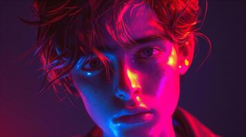 A man with neon lights on his face photo