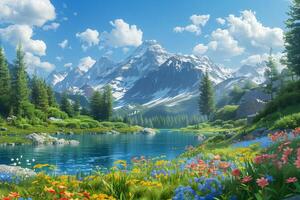 A beautiful mountain landscape with flowers and trees photo