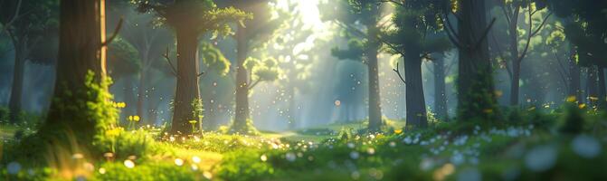 A forest scene with trees and grass photo