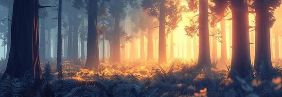 A forest with trees and grass at sunset photo
