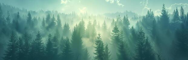 A forest with trees and sun shining through photo