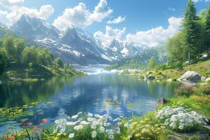 A beautiful lake surrounded by mountains and flowers photo