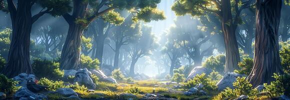 A forest scene with trees and rocks photo